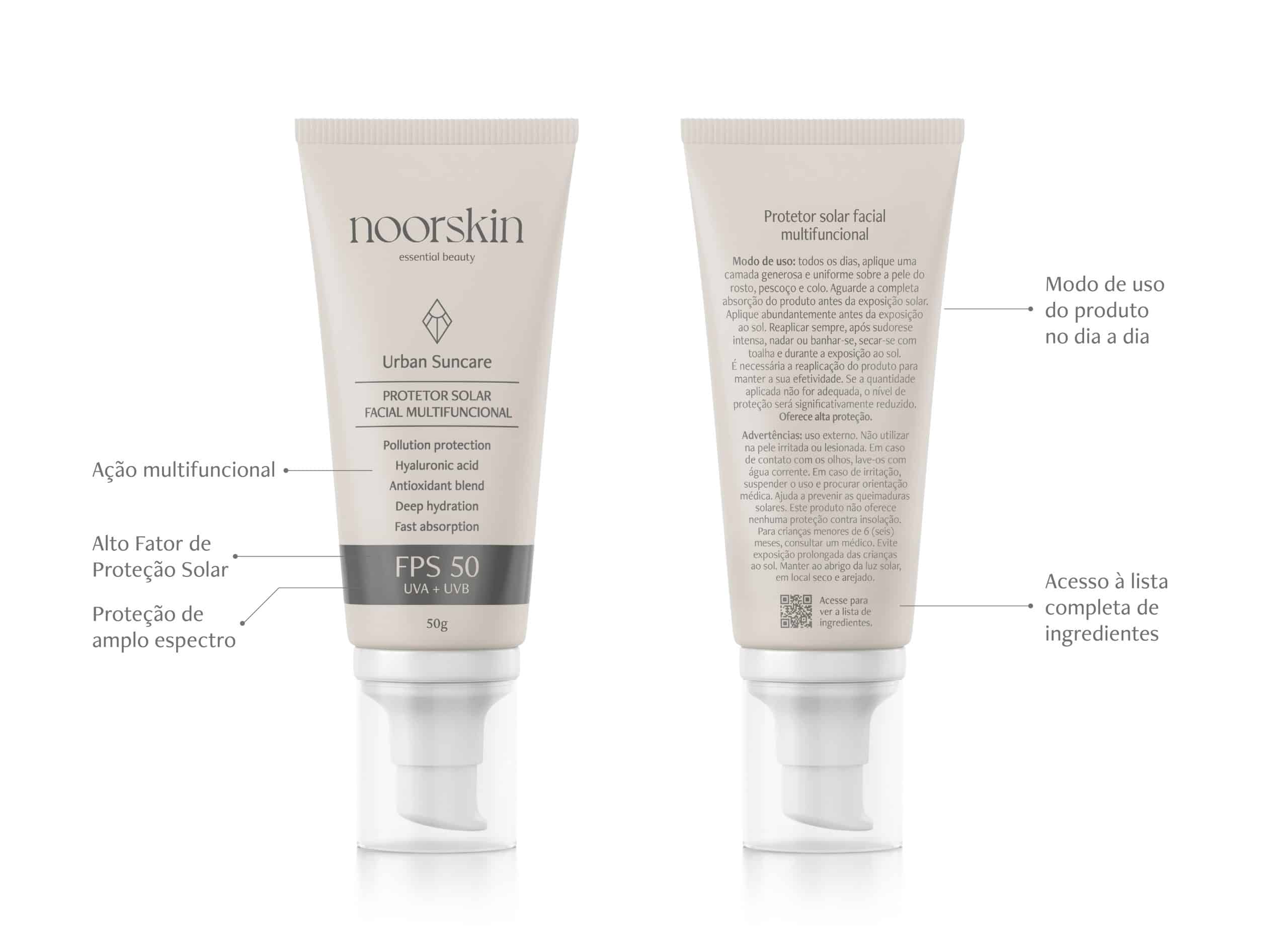 Imagem ilustrativa do frasco do Urban Suncare, protetor solar multifuncional da Noorskin, destacando as principais informações presentes no rótulo do produto.